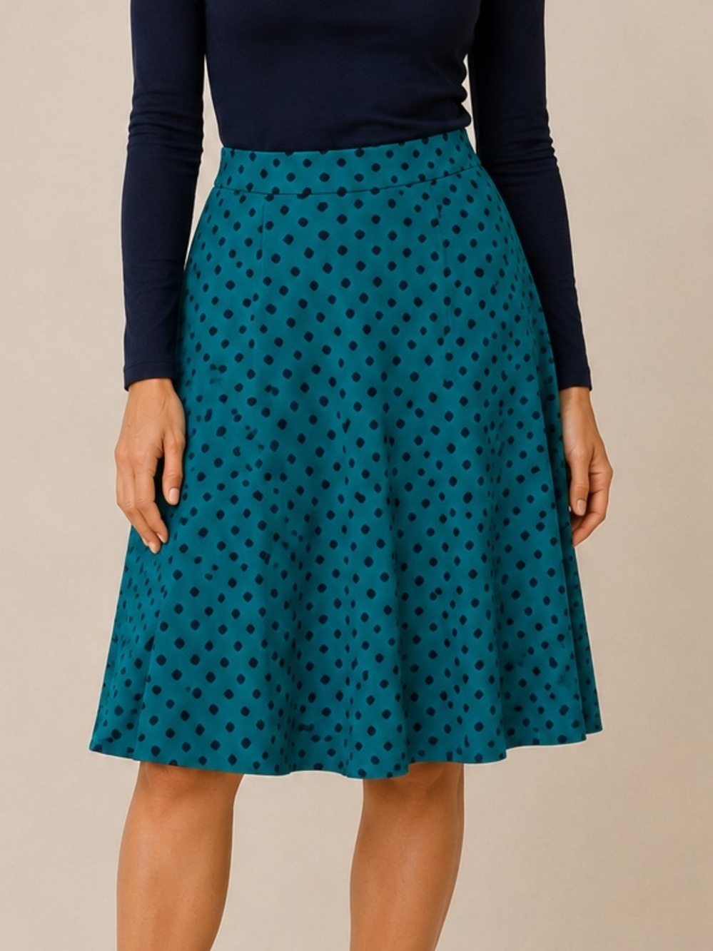 Lands’ End Skirt | A-Line Midi Polka Dot Teal Navy Preppy Flowy | Size 6–8